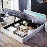 Kayan Polsterbett,140 * 200cm LED-Bett，mit Lattenrost und Stauraum, mit beleuchtetem Kopfteil in diversen Farben，Schwarz，Kunstleder & Holz (Weiß)