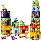 Atoylink Dinosaurier Stapelturm Baby, Stapelspiel Montessori Holzspielzeug mit 6 Stapelwürfel & 6 Dinosaurier & 6 Holz Eisenbahn Kinder, Lernspielzeug Motorikspielzeug Geschenke für Kinder ab 3 Jahren