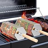 ivtivfu Nestbar Rollender Grillkorb, Abnehmbarer Holzgriff, Edelstahl 304, Outdoor Küche Grill Zubehör für Gemüse, Garten Camping Gadgets für Gasgrill, Geschenke Geburtstagsgeschenk für Männer Papa