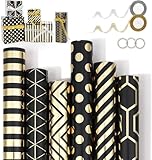 Weihnachtspapier Geschenkpapie, 6 Rollen 43 x 300cm Geschenkpapier Set, Schwarz Gold Geschenkpapierrolle, mit Schleifenband und Aufklebern, Geschenkpapierrollen für Geschenkkisten & Dekoration