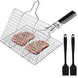 Nuangoo Grillkorb Edelstahl-Grillkorb mit 2 Silikonbürste Grillkorb Fischbräter Set Faltbarer Grillkorb mit Abnehmbarem Griff Geeignet zum Grillen im Freien