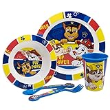 5-TEILIGES KINDERGESCHIRRSET. TELLER, SCHÜSSEL, 260ML GLAS UND BESTECK. BPA-FREI UND MIKROWELLENGEEIGNET. | PAW PATROL PUP POWER, Rot