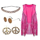 Hippie Weste Damen, Hippie Damen Fransen Weste Set 70er-Jahre-Kostüm Wildleder-Optik Cowgirl mit Hippie-Weste, Hippie-Brille und Accessoires Cosplay Faschingskostüm Ärmellos jacken Disco outfit Boho M