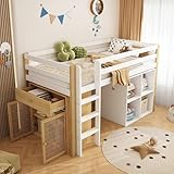 LAKFEW Hochbett Kinderbett 90x200 cm mit 2 Aufbewahrungsschrank und Leiter, Bett mit Stauraum und Schubladen, Jugendbett Holzbett mit Rausfallschutz, Bettgestell mit Lattenrost, ohne Matratze, Weiß