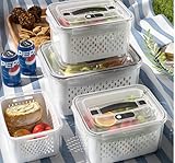 Kühlschrank Organizer 4er Set – Frischhaltedosen mit Deckel & Siebeinsatz (380+800+1700+3150ml) – Stapelbare Frischhalteboxen mit Abtropfgitter Griff & Luftventil für Obst Gemüse Salat & Beeren