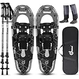 Odoland Schneeschuhe mit Steighilfe Allround 4 IN 1 für Damen und Herren mit Wanderstöcken, Wasserdichten Gamaschen und Tragetasche, ab Schuhgröße 30 INCH Grau + Schwarz