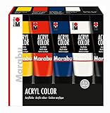 Marabu 1201000000087 - Acryl Color Set, 5 x 100 ml in gelb, zinnoberrot, dunkelblau, weiß und schwarz, cremige seidenmatte Acrylfarbe auf Wasserbasis, schnell trocknend, mischbar und gut deckend