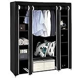 TactFire Kleiderschrank, Stoffschrank, Faltschrank mit Kleiderstange und Ablagen, Offener Faltbarer Kleiderschrank, für Schlafzimmer, Ankleidezimmer, 150 x 45 x 175 cm, Schwarz