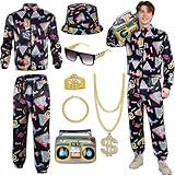 Luckyou 80er Jahre Outfit Herren 90er Jahre Kostüm mit Sonnenbrille Halskette Ring 80er Retro Jahre Trainingsanzug Kostüm Herren Damen für Karneval Disco Party-S