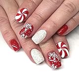 Calkkrer 24 Stück Kurze Glänzende Weihnachtsnägel Press On Nails, Weiße Schneeflocken Streifen Nägel Zum Aufkleben, Rote Mit Weißem Glitzer Falsche Nägel, Künstliche Nägel