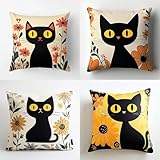 4er Set Kissenbezug 60x60cm Cartoon Schwarze Katze Bezug Couchkissen Modern Sofakissen Dekorative Kissenhüllen Weich Zierkissen Art Deko Kissen für Schlafzimmer Wohnzimmer Sofa, Weihnachten N4001