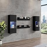 Merax Wohnwand 4-Teilig Set, Wohnwand Komplett-Set in Schwarz Hochglanz, LED-Wandschrank und 2 Regale, Vitrinen aus gehärtetem Glas, Moderne Anbauwand Schrankwand mit viel Stauraum für Ihr Wohnzimmer