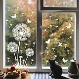 Supzone Fensteraufkleber Weiße Löwenzahnblüte Fensterbilder Fliegende Blumen Schmetterlinge Fenster Abziehbilder Sommer Frühling Anti-Kollision Fensterfolie Glastüren Fensterdeko Aufkleber