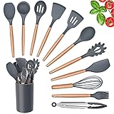 Herogo Küchenutensilien Set, 12 Stück Silikon Küchenhelfer Kochbesteck Set mit Halter, Hitzebeständig Kochgeschirr Set mit Holzgriff, Antihaft Pfannenwender Set – Grau
