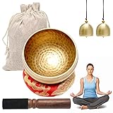 UMILKI Tibetisches Klangschalen Set,Meditationsklangschale,Ø 8.6cm Hand gehämmert Messing Klangschale Holz Klöppel,Klangschalenkissen& 2Pcs Messingglocke Yoga Meditation,Gold/Holzfarbe,YG-6