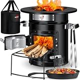 KESSER® Raketenofen mit Grillpfanne aus Gusseisen | inkl. Grillzange & Tragetasche | Dutch Oven 6 integrierte Spikes | BBQ Rakete Holzofen | Camping Outdoor-Campingkocher | Campinggrill Edelstahl