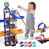 Charmofun 5-Stöckiges Parkhaus Für Kinder, Auto Parkgarage Kinder Mit 8 Rennautos, Spiral, Extralange Rutschen, Aufzug, Licht Und Ton, Groß Spielzeug Parkhaus ab 3 Jahre I MaßE: 58 X 37,5 X 10 cm