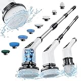 Elektrische Reinigungsbürste,Electric Spin Scrubber schnurlos mit 8 austauschbaren Bohrbürstenköpfen, Wanne und Bodenfliese mopSet mit 137cm verstellbarem Griff für Bad Küche Auto Fußboden (Weiß)
