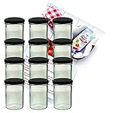 MamboCat 12er Set Sturzglas 435 ml Marmeladenglas Einmachglas Einweckglas to 82 schwarzer Deckel incl. Diamant-Zucker Gelierzauber Rezeptheft