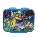 Depesche 13399 Dino World Galaxy - Brotdose in Dunkelblau, mit Dino Motiv und Weltall Design, Lunchbox mit 3 Fächern und transparentem Deckel