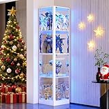 FREDEES Vitrine mit Glastüren, Eck-Kuriositätenschränke mit LED-Beleuchtung, 4-stöckige Glasvitrine für Sammlerstücke/Spielzeug/Bücher, Verspiegelter Aufbewahrungsschrank, Weiß