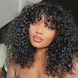 INSBEAUTY Jerry Locken Echthaarperücken mit Pony 200% Dichte Jungfrau Menschenhaar ohne Kleber Haarbasis Vollständige maschinell gefertigte Perücke für Mu
