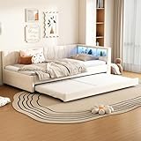 Merax Schlafsofa 90x200 cm Tagesbett Ausziehbar mit farbwechselndem LED-Streifen, USB+Type-C, Ablagefach am Bett, Ausziehbett mit Lattenrost, Leinen, Bettrahmen ohne Matratze, Beige