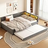 Daybett,140*200cm, Tagesbett, Schlafsofa, Ablagefach am Bett, USB+Typ C, Fernbedienung für LED-Umgebungslicht, Bett mit ausziehbarem Bett, mit Lattenrost (ohne Matratze), Leinen (Grau, 140X200cm)