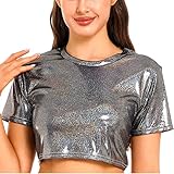 Runhomal Damen Glänzende Crop Top Wetlook Kurzarm Unterhemd Oberteil Bauchfrei T-Shirt Runhals Bluse Shirt Wetlook Kurzarmshirt Karneval Fasching Clubwear Schwarz S
