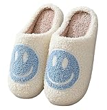 Meik Mangni Hausschuhe mit Fröhliches Gesicht Damen Herren Weicher Plüsch Hausschuhe Frauen Bequeme Warme Pantoffeln Trendiger Slipper,Blau Gr.38-39EU/Sohlengröße 40-41
