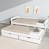 Kinderbett 90x200, Tagesbett mit Ausziehbett und 2 Schubladen, Sofabett Gästebett Schlafsofa Bett mit Lattenrost,Einzelbett/Doppelbett Jugendbett Funktionsbett Bettgestell aus Holz,ohne Matratze,Weiß