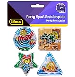 Idena 40430 - Partyspaß Geduldspiele, 4 Stück, kleine Labyrinthe mit lustigen Emoji Hintergrundmotiven in den Formen Kreis, Dreieck, Quadrat und Stern, durchschnittliche Größe ca. 6 cm