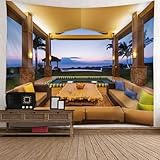 Aotiwe Wandteppich Zum Aufhängen, Wandteppich Villa Swimmingpool Landschaft Gelb Braun Blau Wall Tapestry Aesthetic 300x256cm