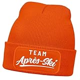 MoonWorks® Damen Beanie Patch Skifahren Strickmütze mit Spruch Team Après Ski Aufdruck Lustig Damenmütze Orange Unisize