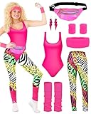 BIQIQI 80er Jahre Outfit Damen Set Retro Trainingsanzug Kostüm 80s 90s Kleidung Kostüm Accessoires Clothes Trikot, Leggings, Stirnband, Armbänder, Beinwärmer, Ohrringe, Gürteltasche