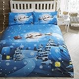 Bedlam Bettbezug mit Weihnachtsmann im Schlitten, Einzelbettgröße (140 x 200 cm), leuchtet im Dunkeln, 1 x Kissenbezug, Bettbezug mit Weihnachtsbaum und Schnee, Weihnachtsdekoration