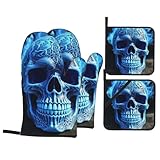 Ofenhandschuhe und Topflappen, hitzebeständig, Ofenhandschuhe und Topflappen, Grillhandschuhe, Hot Pads, 3D-Druck, blauer Totenkopf-Kochhandschuhe für Küche, Backen, Grillen, 4-teilig