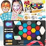 Kinderschminke Fasching, Karnevalsschminke Set Mädchen, 16+2 Große Professionelle Schminkfarben mit Haarkreide, Glitzer, 116 Strasssteine, 32 Schablonen - Kinder Schminke Geschenk für Karneval, Party