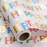 Wikadlik Bunte Geburtstags-Geschenkpapierrolle – 43 cm x 10 m – Goldfolie 'Happy Birthday'-Schriftzug, Geschenkpapier für Urlaub, Dusche, Party