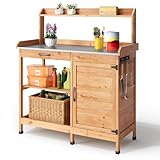 Blishom Gärtnertisch, Pflanztisch mit Schubladen & Unterschrank, Garten Arbeitstisch aus Holz mit verzinkter Arbeitsplatte, für Garten, Balkon, Terrasse, 112x46x125 cm, Natur