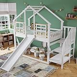 Aoskem Kinderbett Etagenbett 90x200, Hochbett Hausbett Holzbett mit Treppe & Rutsche, Bettgestell mit Rausfallschutz und Gitter, Bett mit 1x Lattenrost, Bettrahmen aus Massivholz, Ohne Matratze, Weiß