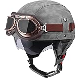 Motorrad-Retro-Halbhelm, Leder-Halbhelm Im Deutschen Stil, ECE-Geprüft, Erwachsene, Männer, Frauen, Vintage, Offener Rollerhelm Mit Schutzbrille Und Verstecktem Visier,Gray a,XL