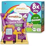 Pumpkin Organics Kindersnack Bio Gemüse Röllchen (8er Pack) Baby- und Kindersnacks ohne Zusatzstoffe ab dem 12. Monat - allergenfreie² und glutenfreie² Knuspersnacks für Kinder (8x20g)