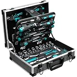 TLGREEN Alu-Werkzeugkoffer Gefüllt 122-tlg Werkzeug Set Werkzeugkasten Werkstattkoffer bestückt Werkzeugkiste mit Steckschlüssel Schraubenzieher usw. für DIYer Handwerks-Meister Haushalt Werkstatt