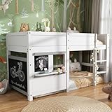 PerGar Massivholz Etagenbett für 2 Kinder 90x200 cm, Kinderbett, Hochbett mit Leiter und Tafel, Spielbett, Hausbett, Stockbett, Holzbett, Bettgestell, Jugendbettmit Lattenrost, Weiß