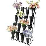 Metall-Blumenständer mit Rädern, 4 Etagen, Eisen-Pflanzenständer für drinnen und draußen, Garten, Terrasse, Blumenregal mit Kunststoffeimern, Schwarz, 16 Fässer