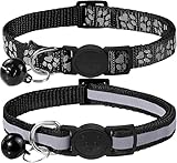 Taglory Reflektierend Katzenhalsband mit Sicherheitsverschluss und Glöckchen, 2-Stück Verstellbar Halsband Katze Kitten, 15-20cm Schwarz