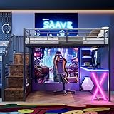 NovaFurnish Hochbett, 140x200, Mit LED-Leuchten, Ablageleiter, Schreibtisch, Kleiderschrank, Regale, ohne Matratze, Schwarz