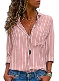 Livonmone Bluse Damen Langarm Casual Streifen Oberteile Hemd Lose V-Ausschnitt Langarmshirt Chiffon Blusen Tops Elegant (Rosa, S)