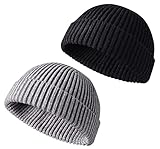 LINSOCLE 2PCS Mütze Herren Winter, Trawler Mütze, Retro Trawler Winter Beanie Hat, Winter Warme Mützen Strickmütze Weich & Leicht Damen Herren Unisex (schwarz + grau)
